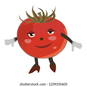 Little Tomato Blushing Girl. Animated Character. Vector Illustration Isolated On White Background