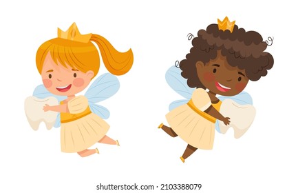 Little Tooth Fairy with baby tooth set. Lovely winged girls in golden crowns cartoon vector illustration