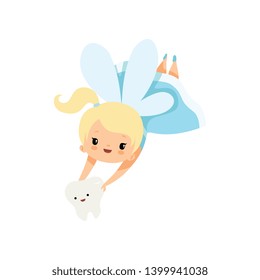 Little Tooth Fairy Flying with Baby Tooth, Cute Blonde Fairy Girl Cartoon Character in Light Blue Dress with Wings Vector Illustration