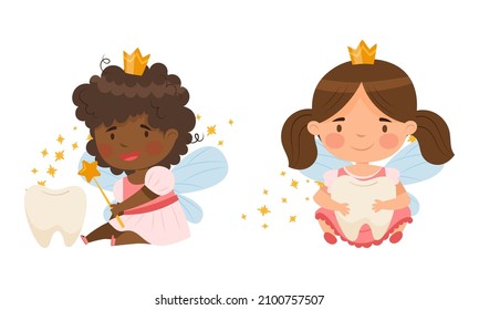 Little Tooth Fairy set. Lovely girls with wings wearing golden crowns with baby teeth cartoon vector illustration