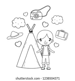 little tourist boy with set icons