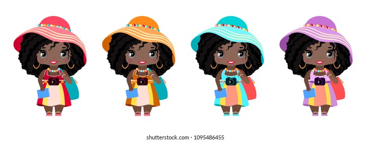 little tourist girl, in a summer sundress, clogs, hat, with a camera, beach bag and a book, PhraseBook. With dark skin, black wavy hair and gray eyes, in outfits of different colors