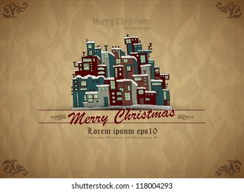 Kleine Stadt. Hintergrund aus alter Zeitung. Kreative Vintage-Vektorgrafik. Weihnachtskarte