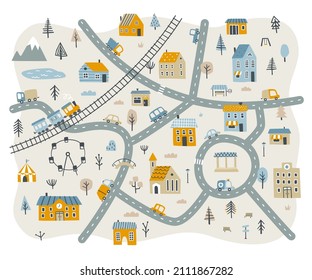 Mapa del doodle de la pequeña ciudad para alfombra infantil. Huella de bebé de paisajes urbanos con edificios y transporte. 