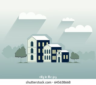 Little town in a fog illustration. Paper design vector