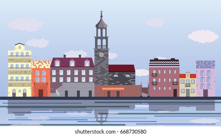 Little town illustration. Vector background with houses,  church and clouds. 