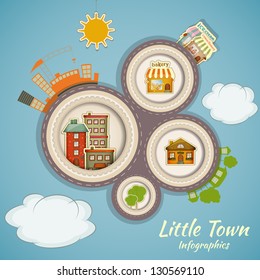 Little Town Infographics. Urban Structure in Cartoon Style. Vector Illustration.