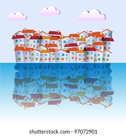 Little town near ocean. Vector paper-art