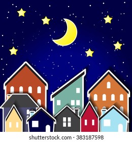 little town in night sky and the moon, vector illustration.