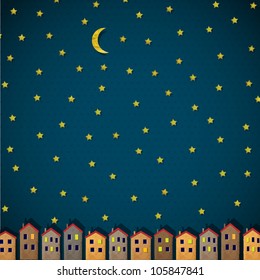 Little town at night. Vector paper-art