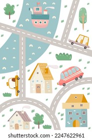 Little Town Nursery Wall Art Cute Poster with Cartoon Houses, Roads and Car. Vector City Map for Baby Room, Shower Card, Kids T-shirt