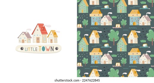 Little Town Print Card and Seamless Pattern for Kids Fabric, Textile, Wrapping Paper, Nursery Design. Vector Set with Cartoon Houses and Cars