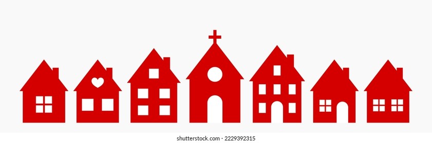 Little town of red houses and church. Flat design houses. Vector illustration.