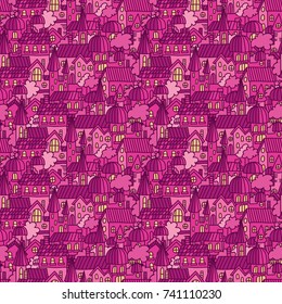 Little town seamless vector pattern in doodle style. Tiny city night background with cartoon houses in the street. Hand drawn design texture in colors of pink, purple and yellow