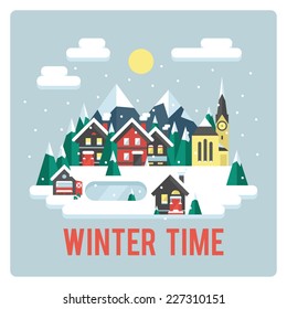 Little Town in Snowy Mountains, Winter Holiday Time, Cozy Day in Ski Resort. Vector Flat Style Illustration 