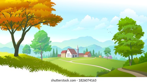 A little township in the middle of green meadows and surrounded by trees and mountains.