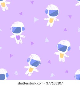 Little toy astronaut floating in the outer space / cosmos. Vector seamless pattern / illustration / background.