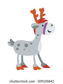 Little toy horse isolated on white. Cute deer with red horns. Artificial reindeer vector illustration. Toy deer in flat style design. New Year and Christmas concept. Sticker for children