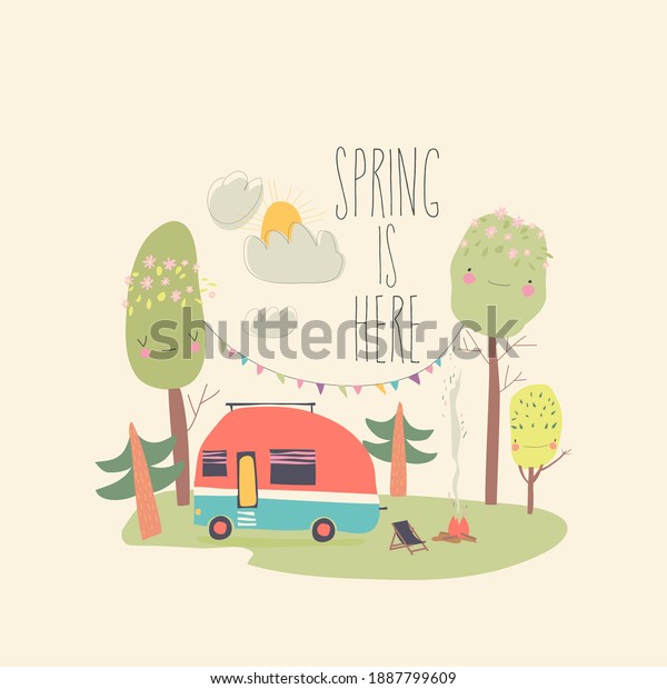 Little\
trailer standing in spring forest. Hello\
spring