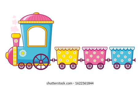 Little train in cartoon style on a white background. Vector illustration with a children's toy.