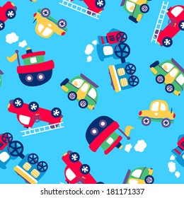 Little transport seamless pattern on a light blue background.