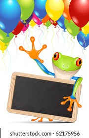Little tree frog holding a blackboard under balloons