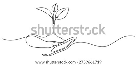 little tree hand holding one line drawing continuous minimal environment conservation concept