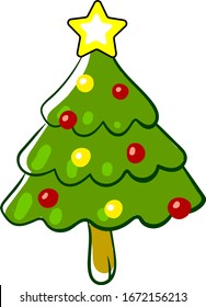 Árbol pequeño con estrella, ilustración, vector sobre fondo blanco.