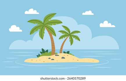 Little Tropical Island with Two Palm Trees. Hand Drawn Vector Art.