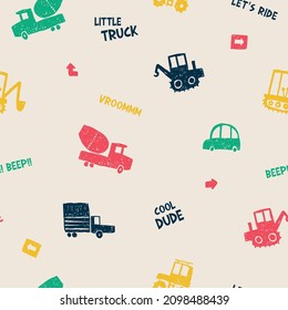 Little truck, cool dude cars and truck all over print, hand drawn seamless pattern for Kids wear