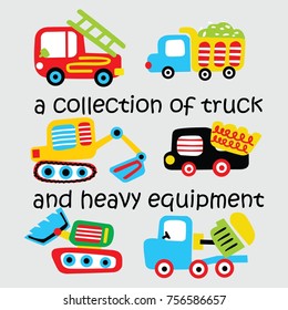 little truck and heavy equipment, cartoon vector illustration