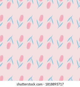 Little tulip flower silhouettes seamless pattern. Doodle simple ornament on light pink background. Perfect for wallpaper, textile, wrapping paper, fabric print. Vector illustration.