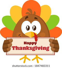 Little Turkey Bird Cartoon Mascot Character Holding A Sign. Vector Illustration Flat Design Isolated On White Background