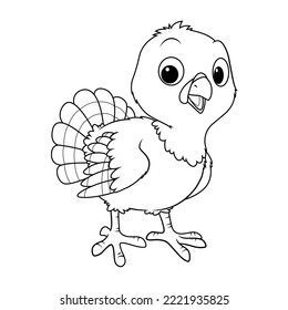Little Turkey Cartoon Animal Illustration BW