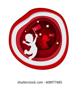 Little Turkish children holding Turkey flag. Paper cutting art style vector illustration.