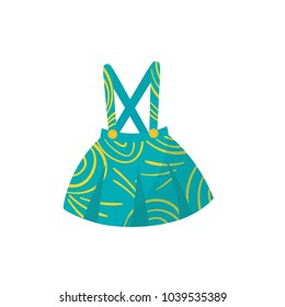 Little turquoise skirt with braces, buttons and yellow pattern. Stylish kids garment. Cute apparel for toddler girl. Children s outfit. Baby fashion. Flat vector design