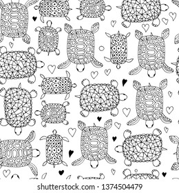 Little turtle contour seamless pattern on white background . Vector animal illustration