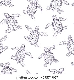 Little turtle contour seamless pattern on white background; vector animal illustration