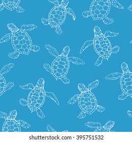 Little turtle contour seamless pattern on blue background; vector summer animal illustration