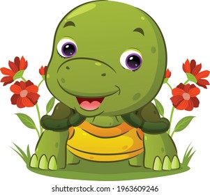 The little turtle is crawling and giving a happy face in the garden of illustration