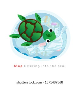 Little turtle eating plastic bag, Stop littering into the sea. Vector illustration.