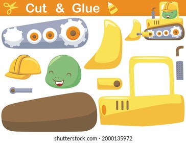 Little turtle on bulldozer. Education paper game for children. Cutout and gluing. Vector cartoon illustration
