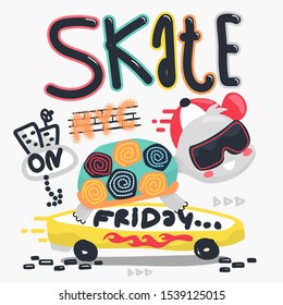 Little turtle on a skateboard with text "skate on friday" on white background illustration vector.