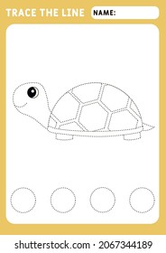 little turtle. Preschool worksheet for practicing fine motor skills - tracing dashed lines. Tracing Worksheet. Illustration and vector outline - A4 paper ready to print.