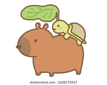 Little turtle riding on the back of a capybara