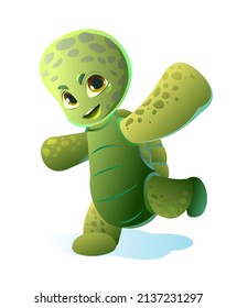 Little turtle running. Cartoon person stands and smiles. Fun style. Child animal. Pet kid. Isolated on white background. Vector.