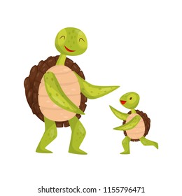 Little turtle running towards his dad. Adorable marine animals. Sea reptile. Flat vector element for children book or poster