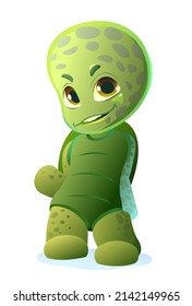 Little turtle satisfied. Cartoon person stands and smiles. Fun style. Child animal. Pet kid. Isolated on white background. Vector.