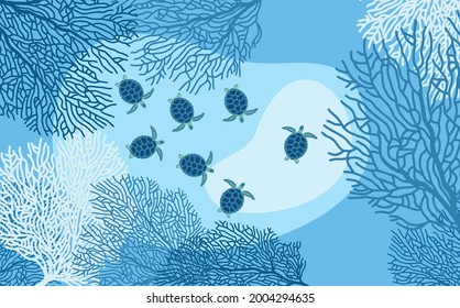 Little turtles in the lagoon among the corals. Vector illustration of turtles on a background of blue abstract spots and silhouettes of corals.