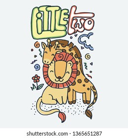 Little Two. Cute cartoon animal. Vector clip art illustration for children design, cards, prints, coloring books. Grungy kawaii image